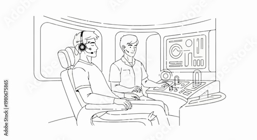 Two individuals in a futuristic cockpit with digital displays