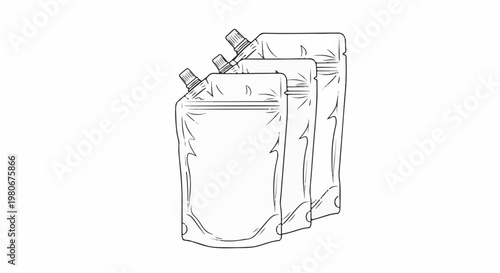 Three flexible spouted pouches are arranged in a staggered formation