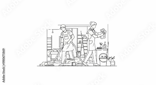 Two individuals in a room diligently cleaning using a vacuum and cloth