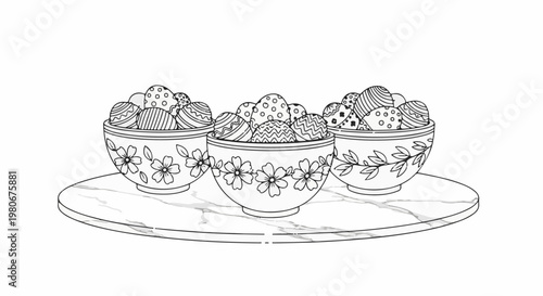 Three floral bowls overflowing with intricately patterned eggs rest on a marble platter