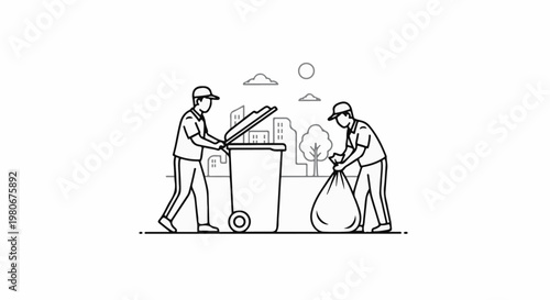 Two individuals in outline style are depicted performing waste collection in a city
