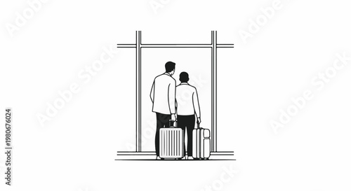 Two figures with luggage stand before a large window, looking out