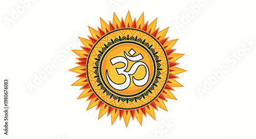 Vibrant sun mandala with a central Om symbol, radiating bright colors