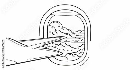 View from an airplane window of clouds and sea below