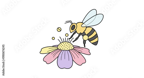 Bee collecting pollen from flower.