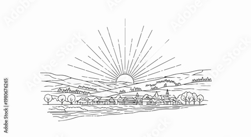 Village nestled in rolling hills under a radiant sunburst