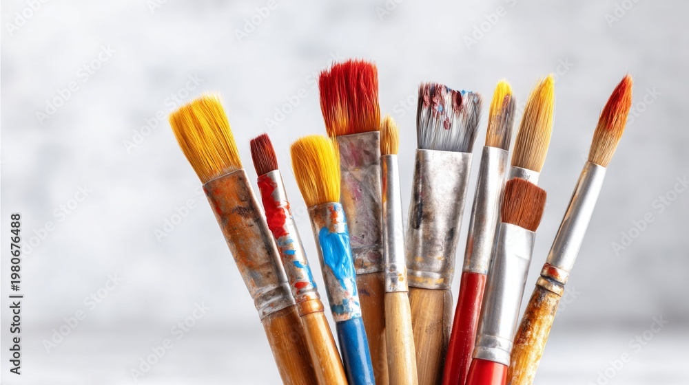 Fototapeta premium Set of Watercolor Paint Brushes with Stained Bristles on Gray Background