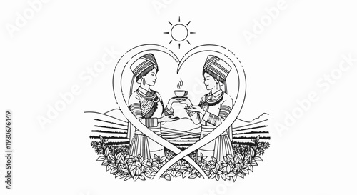 Two women in traditional attire share a cup of tea under a sun