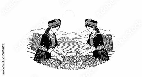 Two women in traditional clothing harvest tea leaves in a sunlit landscape