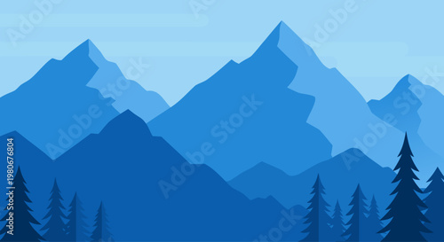 Layered blue mountains with conifer trees in foreground