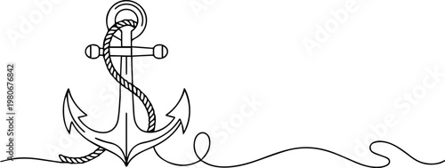 anchor continuous one line drawing, Ship Anchor icon continuous one line drawing style vector illustration on white background, Anchor one continuous line vector doodle drawing. Sea icon, Nautical