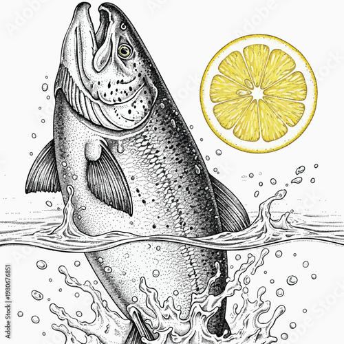 Fresh Fish and Lemon Slice in Water for Healthy Cooking and Seafood Cuisine