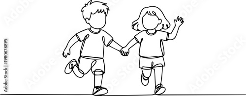 children running while holding hand continuous one line drawing, Dynamic continuous line drawing of two children holding hands running playfully vector, Siblings Playing. Minimalistic one-line drawing