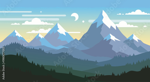 Mountain range with snow capped peaks and layered forest valley