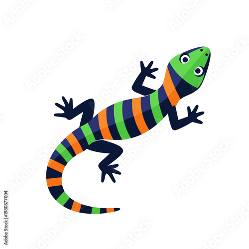 Striped lizard climbing with spread limbs on white background