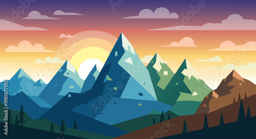 Mountain peaks at sunrise with sun rising over layered ridges