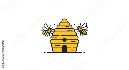 Beehive with bees flying around it.