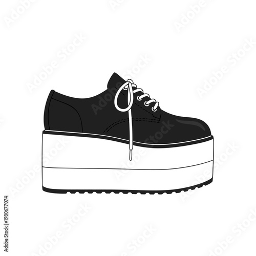 Black platform shoe laced placed on white background