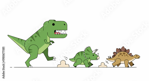 Tyrannosaurus chasing young ceratopsian and stegosaur on plain