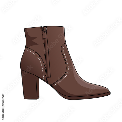 Brown ankle boot with zipper on plain white background