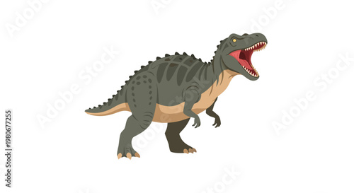 Large theropod dinosaur roaring with open mouth on plain