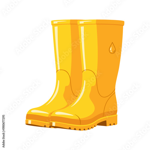 Pair yellow rubber boots standing on white studio background