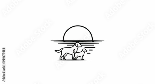 Two dogs silhouetted against a setting sun over water