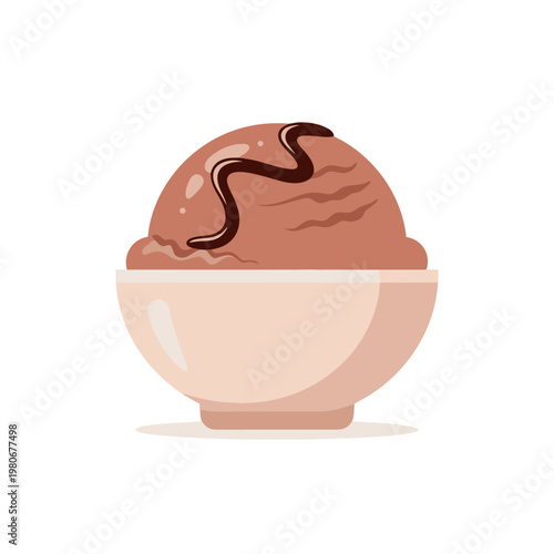 Chocolate ice cream scoop served in ceramic bowl on white surface