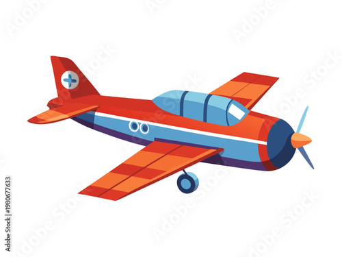 Red single engine airplane flying in white background illustration