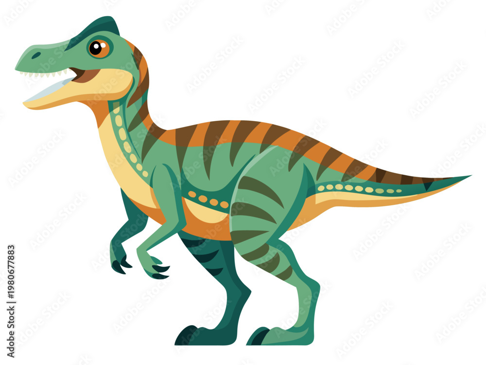 Fototapeta premium Cartoon small theropod dinosaur standing on white background