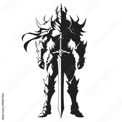 Black silhouette fantasy warrior, dark knight, evil character, sword icon