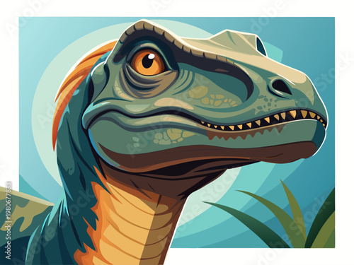 Green dinosaur head profile with foliage background and sky