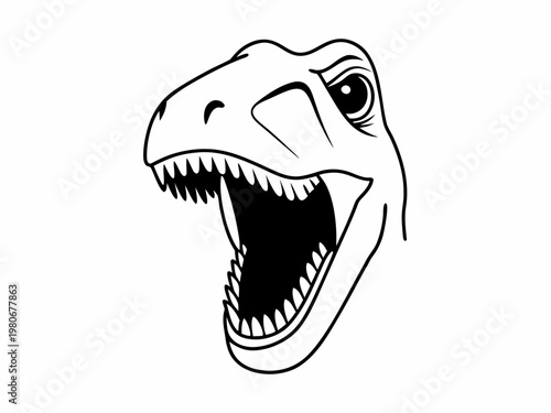 Theropod head frontal open mouth expression line art closeup