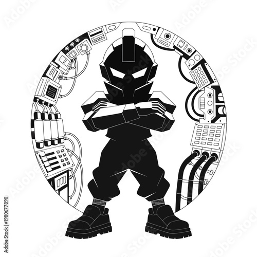 Black ninja robot character, futuristic tech circle, sci-fi illustration, vector graphic