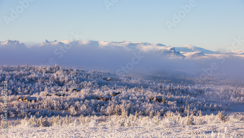 View from Storhovd in Vestre Slidre towards Jotunheimen National Park, Norway, on a Cold and Beautiful Day at Late Autumn