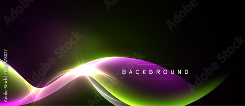 Abstract design features vibrant curves, gradients. Purple, green hues dominate dark background. Light flares add dynamic effect.