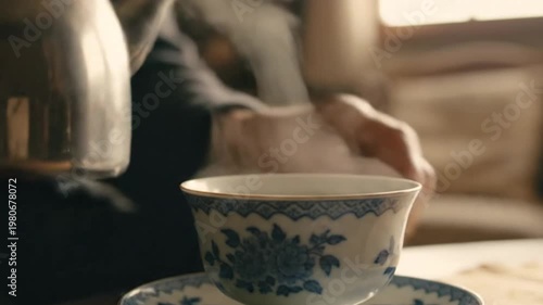 Wallpaper Mural Hot Water Pouring from a Silver Kettle into a Traditional Blue and White Patterned Teacup with Rising Steam and Warm Lighting Torontodigital.ca