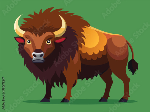 European bison illustration standing on green background full body