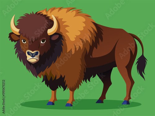 Bison illustration standing on green background full body profile
