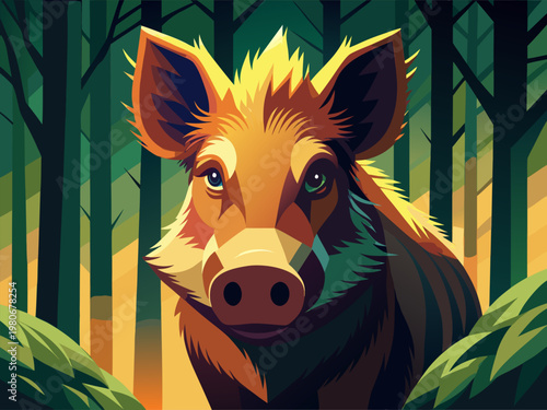 Wild boar close up facing viewer in dense forest morning