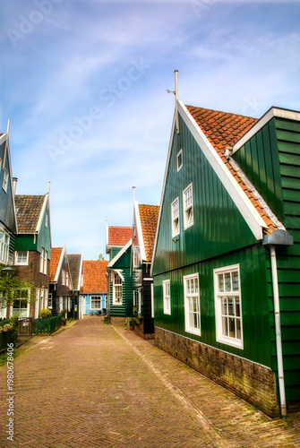 A Narrow Road and Houses in the Beautiful Village of Marken on the Marken Peninsula, Netherlands