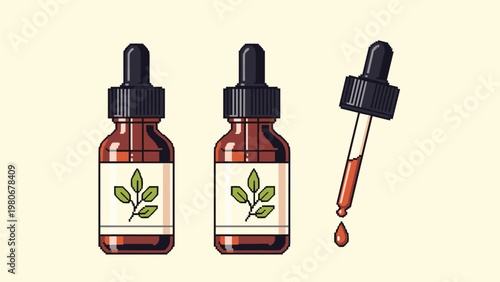 Two brown glass pharmaceutical dropper bottles with leaf labels and a separate glass pipette with a falling liquid drop.