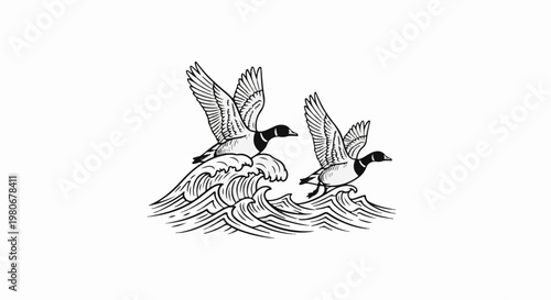 Two ducks in flight above stylized ocean waves