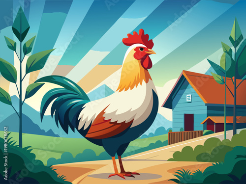 Rooster crowing in countryside farmyard near blue farmhouse