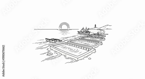 Sunset over ocean with lighthouse, boats, and salt evaporation ponds