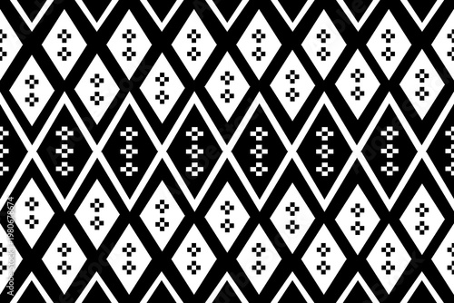 Minimalist black and white geometric pattern. Repeating diamond shapes with cross motifs in a clean monochrome style. Modern ethnic design for contemporary interiors, stationery, and fabric prints.