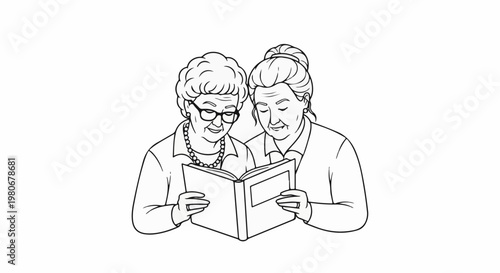 Two elderly women read a book together, sharing knowledge and companionship