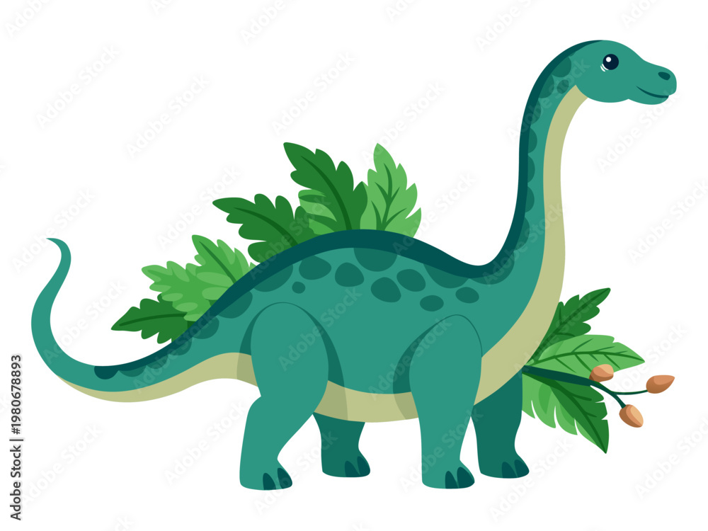 Naklejka premium Green sauropod dinosaur standing with leaves on white background