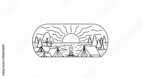 Sunset over a campsite with tents and a campfire