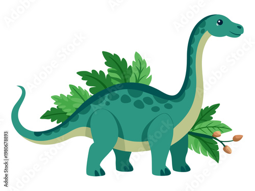 Green sauropod dinosaur standing with leaves on white background